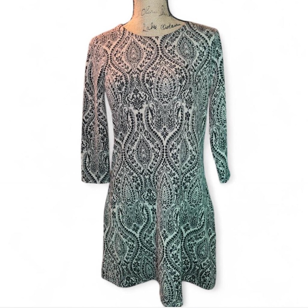 London Style Paisley A-Line Dress Petite 6 Black Tan 3/4 Sleeve Work Office